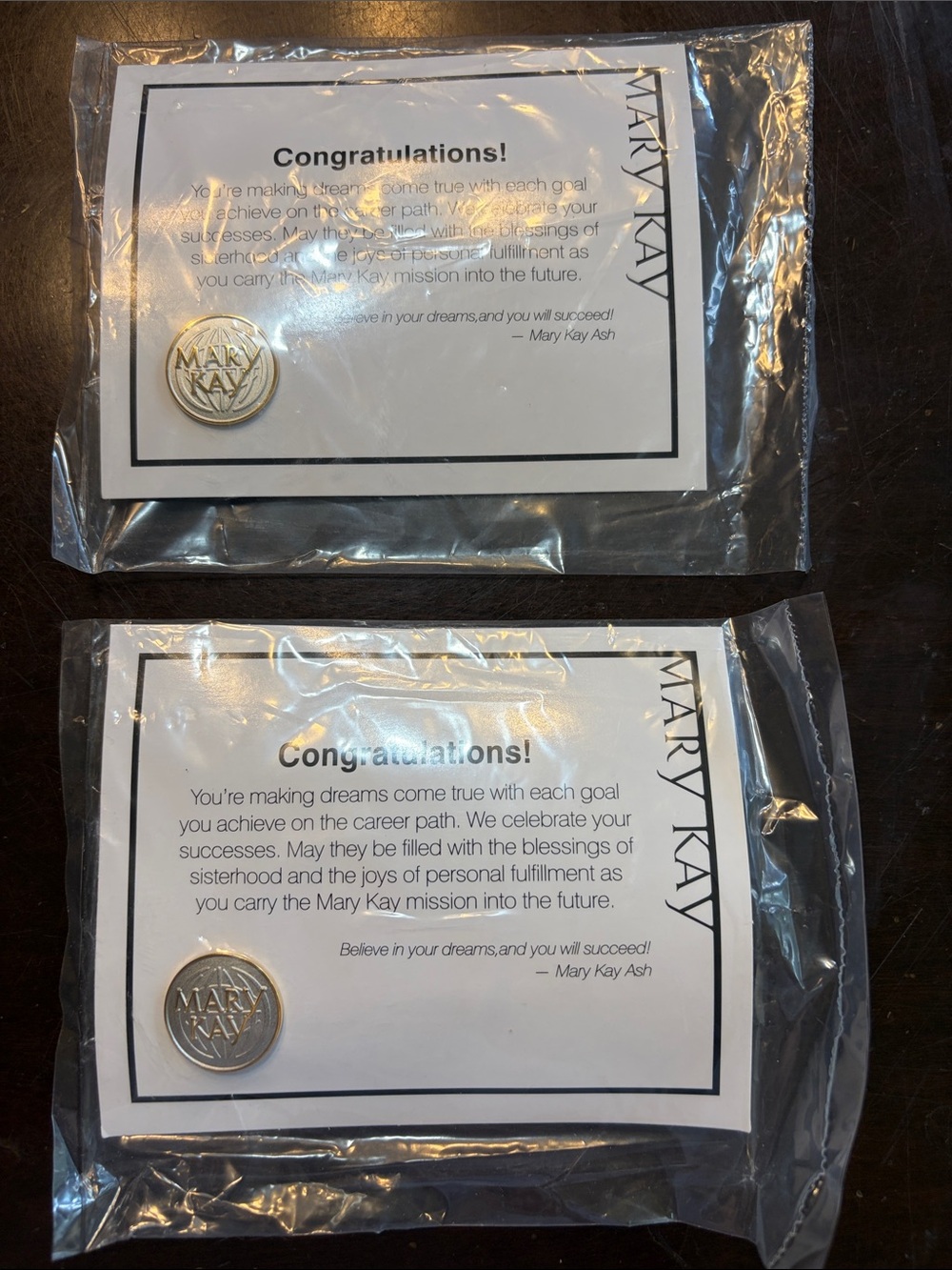 Mary Kay Gold & Silver Recognition Pins with Message Cards (set of 2)